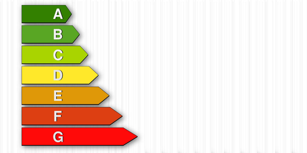 Graphic of Energy Performance Certificate efficiency rating arrows against white background with grey pinstripes