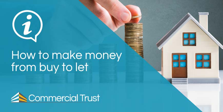 Blue banner "How to make money from buy to let" in front of a model house with stacks of coins