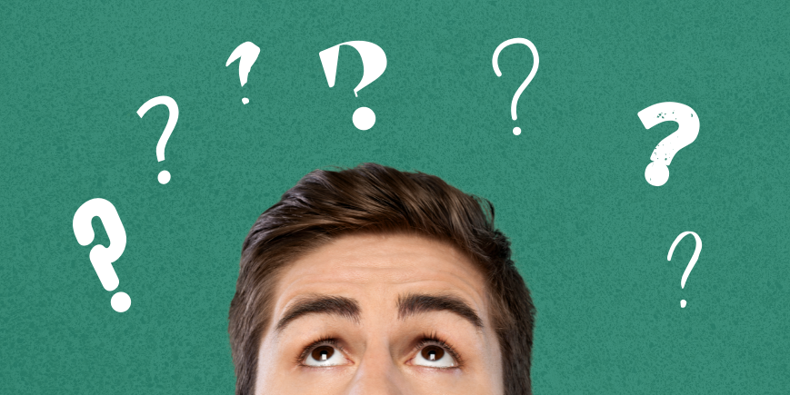 Person's head, looking upwards, against green background, with multiple question marks hovering over their head in an arc