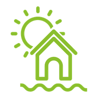 Green icon of a house in front of the sea with a sun shining overhead