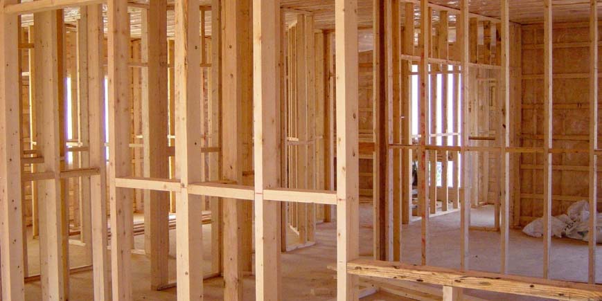 view of the timbers in a new house build ready for the wall panels of plasterboard to be added.