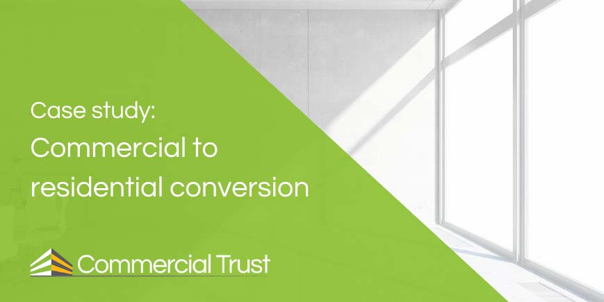 Green banner with the words 'Case study: Commercial to residential conversion' in front of photo of a bright interior with light streaming through a window