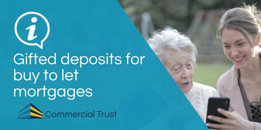 Blue banner with the words "Gifted deposit for buy to let mortgages" with photo behind of two different generations of person looking at a phone