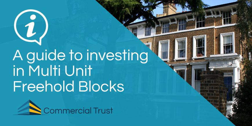 A guide to investing in Multi Unit Freehold Blocks on a blue banner with a photo of an MUFB in the background