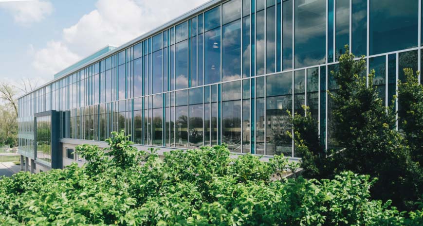 Office building with glazed walls at top and brick on ground floor, green shrubs in foreground