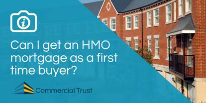 Blue banner with text "Can I get an HMO mortgage as a first time buyer" in front of a photo of a large multi-floored red bricked property